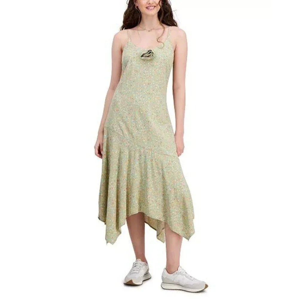 Tinsel Town Midi Dress Womens XS Blue Excellent Floral Rosette Handkerchief‎ Hem